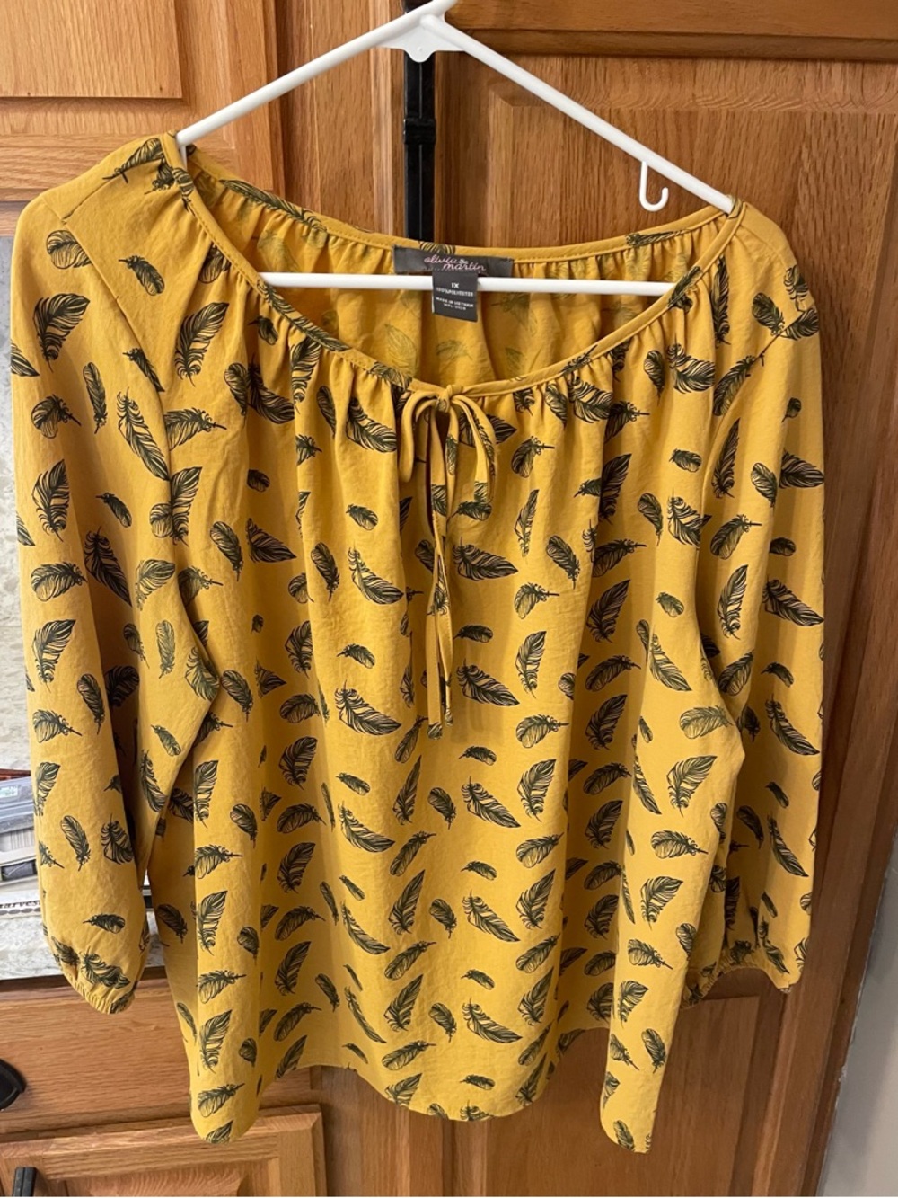Mustard Feather-Print Peasant Blouse with Tie Neck